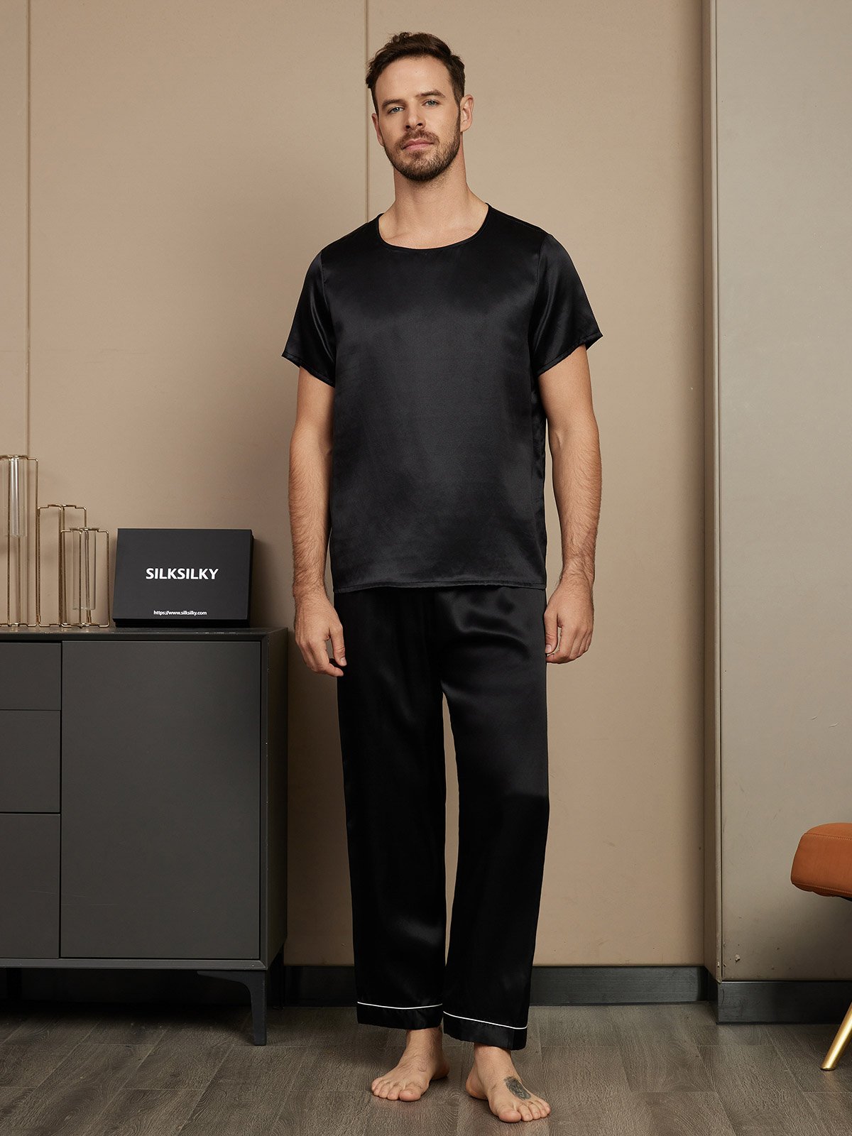 SilkSilky US Pure Silk Short Sleeve Round Neck Men's Pajamas Black 003