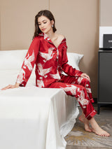 [Mørkerød] SilkSilky-NO Long Sleeve Lapel Collar Pyjamas for Kvinner 007