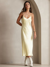 [Lys Gul] SilkSilky-NO Spaghetti Strap V Neck Kjole 004