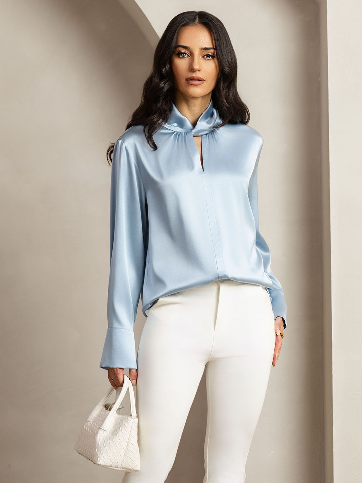 [Gråblå] SilkSilky-NO 19Momme Silke Womens Shirt 001