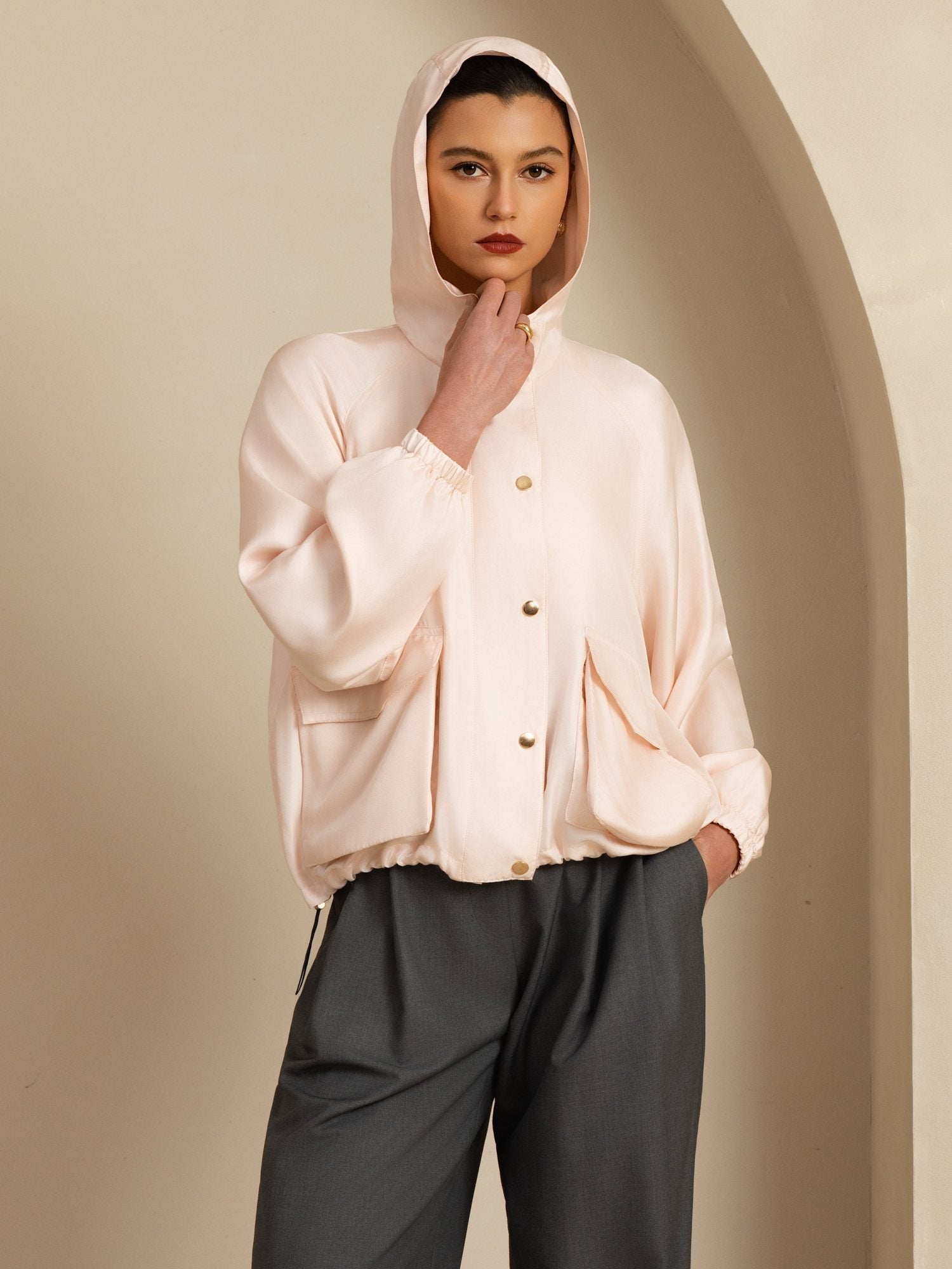 [Rosa] SilkSilky-NO Langermet Høy Hals Yttertøy for Kvinner 005