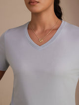 [Gråblå] SilkSilky-NO Short Sleeve V Neck T-skjorte for Kvinner 004