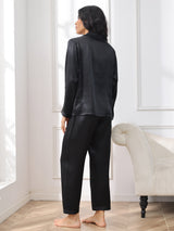[Svart] SilkSilky-NO Long Sleeve Lapel Collar Pyjamas for Kvinner 002