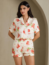[Hvitt Granateple] SilkSilky-NO Short Sleeve Notch Collar Pyjamas for Kvinner 003