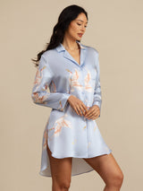 [Lyse Blå] SilkSilky-NO Long Sleeve Lapel Collar Soveskjorte 001