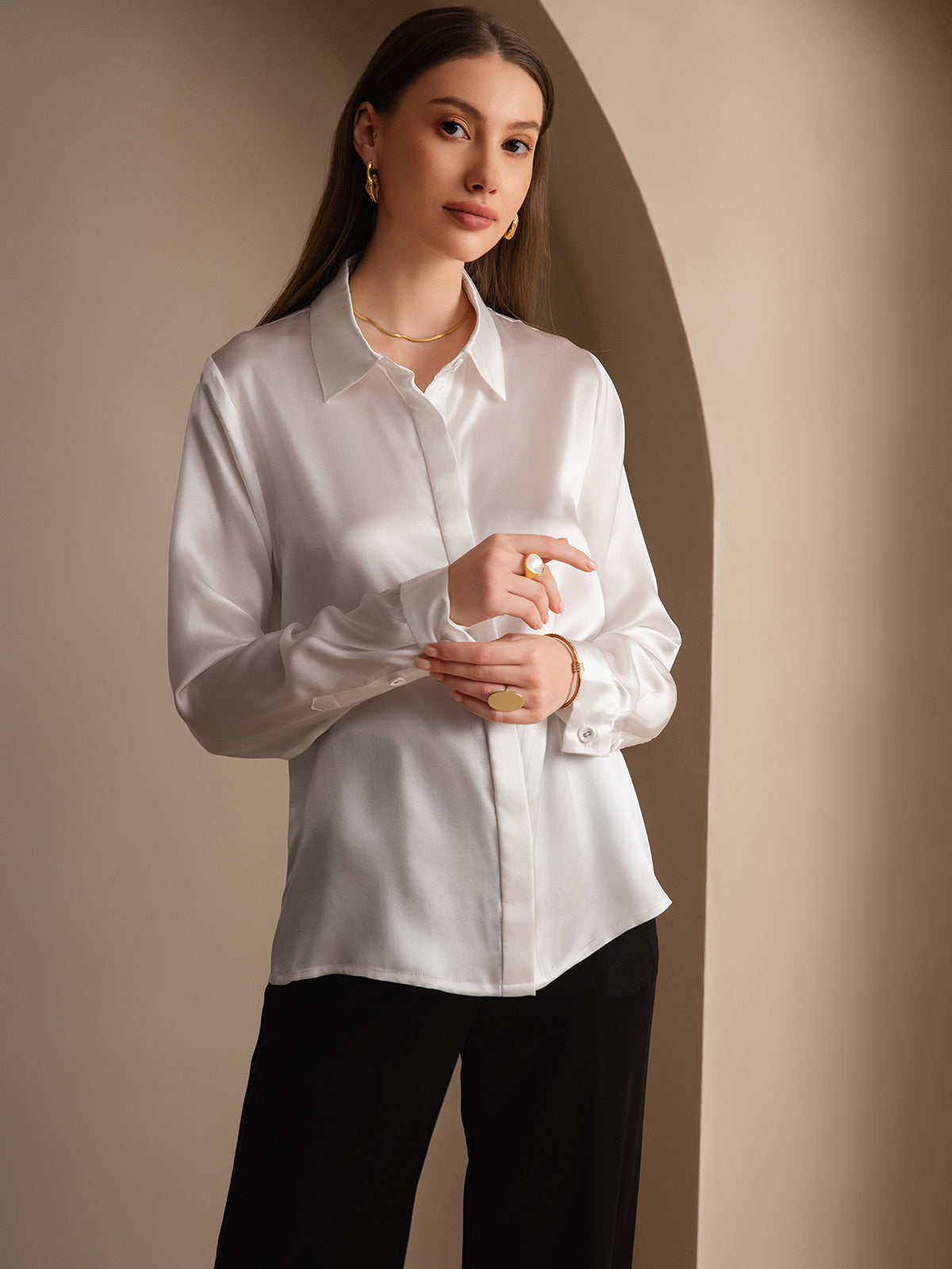 [Hvit] SilkSilky-NO 19Momme Silke Lapel Collar Skjorte for Kvinner 005