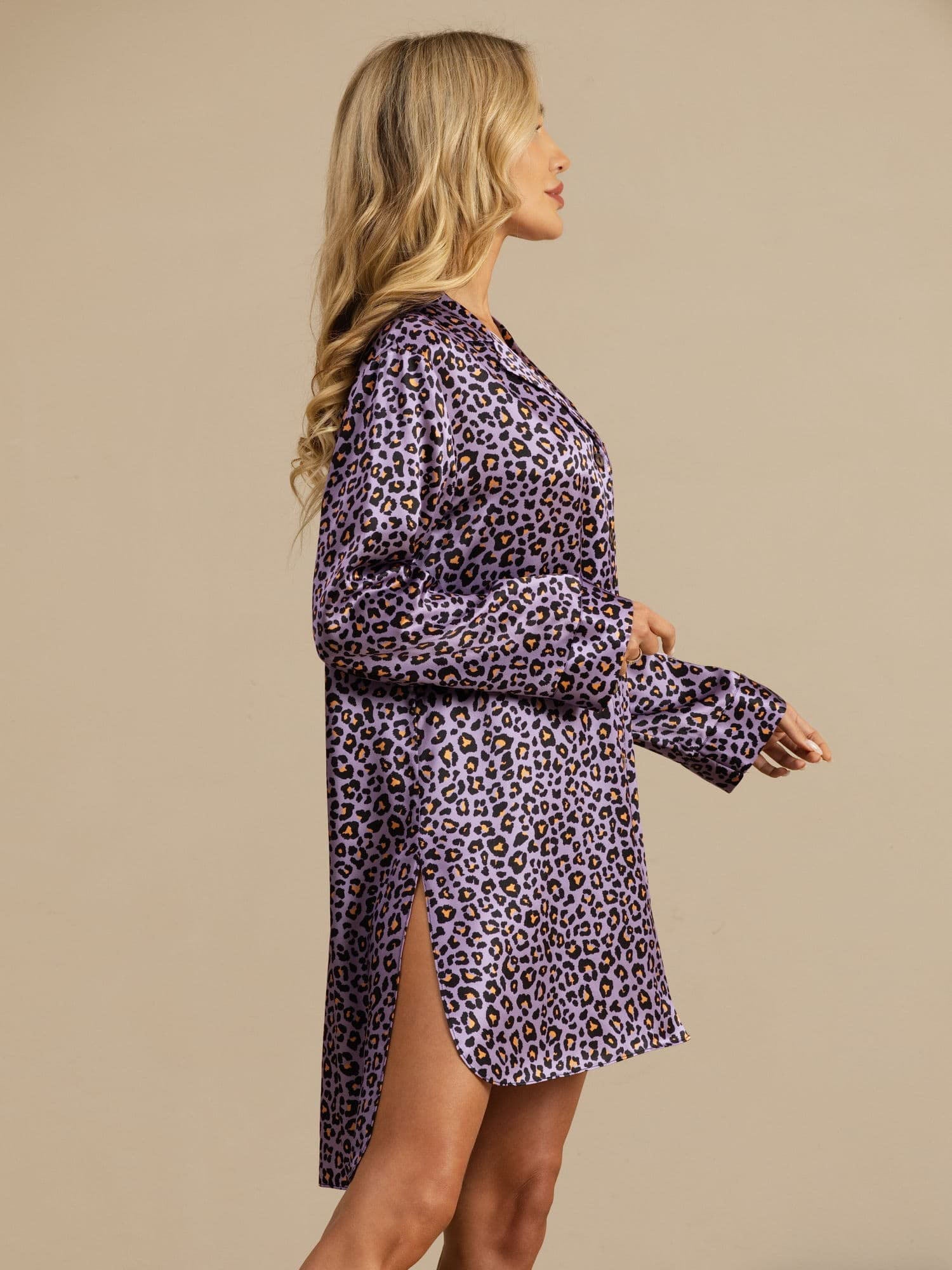 [Lilla Leopard] SilkSilky-NO Langermet Notchkrage Soveskjorte 004