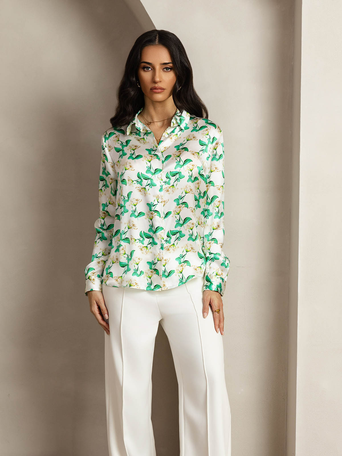 [Grønn Blomster] SilkSilky-NO Silke Lapel Collar Skjorte for Kvinner 003