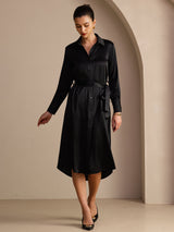 [Svart] SilkSilky-NO Long Sleeve Lapel Collar Kjole 005