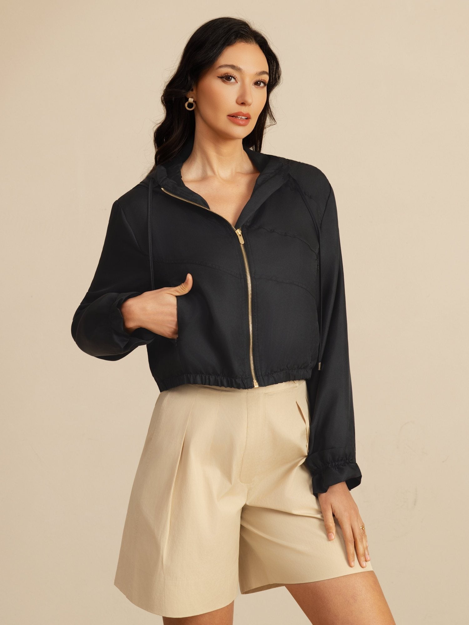 [Svart] SilkSilky-NO 18Momme Langermet Høy Hals Yttertøy for Kvinner 004