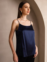 [Mørke blå] SilkSilky-NO 19Momme Spaghetti Stropp Dyp Rund Halsutringning Camisole Topp 004
