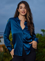 [Blågrønn] SilkSilky-NO Long Sleeve Lapel Collar Skjorte for Kvinner 004