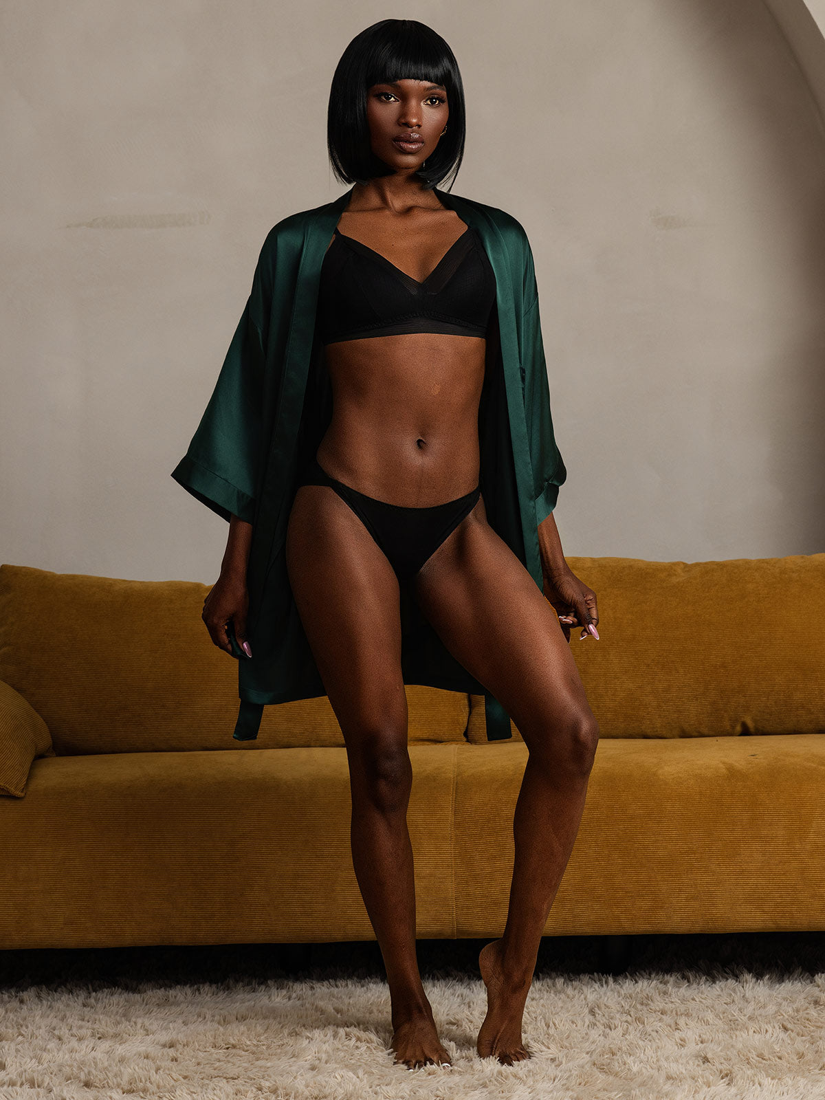 [Mørk Grønn] SilkSilky-NO Pure Silk Half Sleeve Womens Robe 008