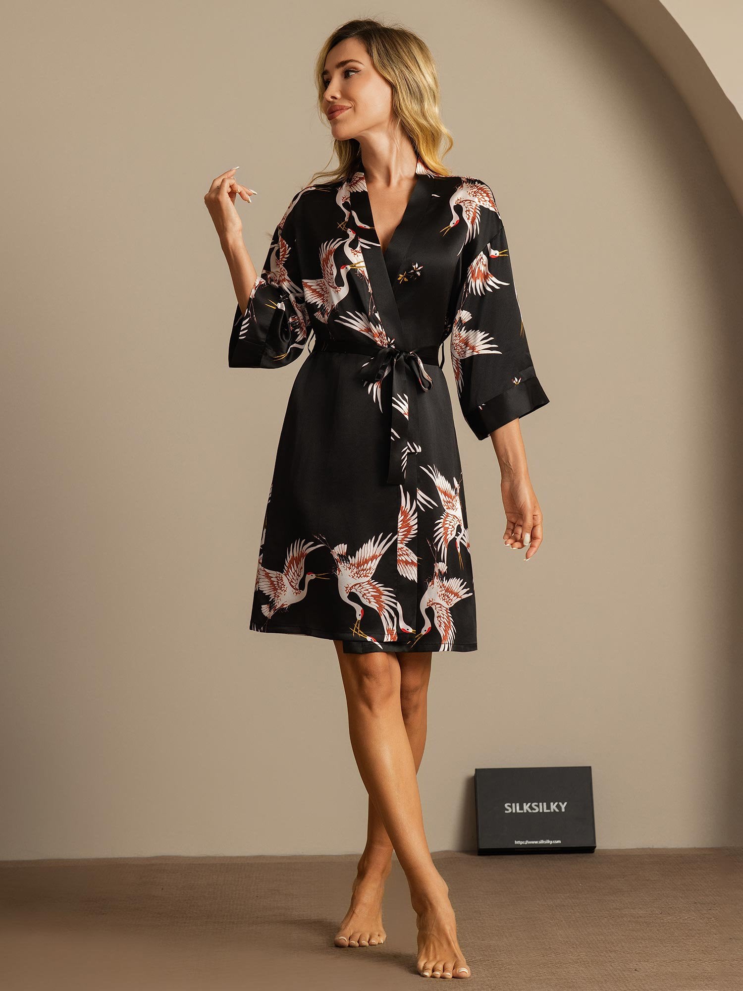 [Svart] SilkSilky-NO 19Momme Silke Womens Robe 005