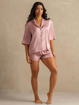 [Ferskenhud] SilkSilky-NO 19Momme Halv erme Notchkrage Pyjamas for Kvinner 007