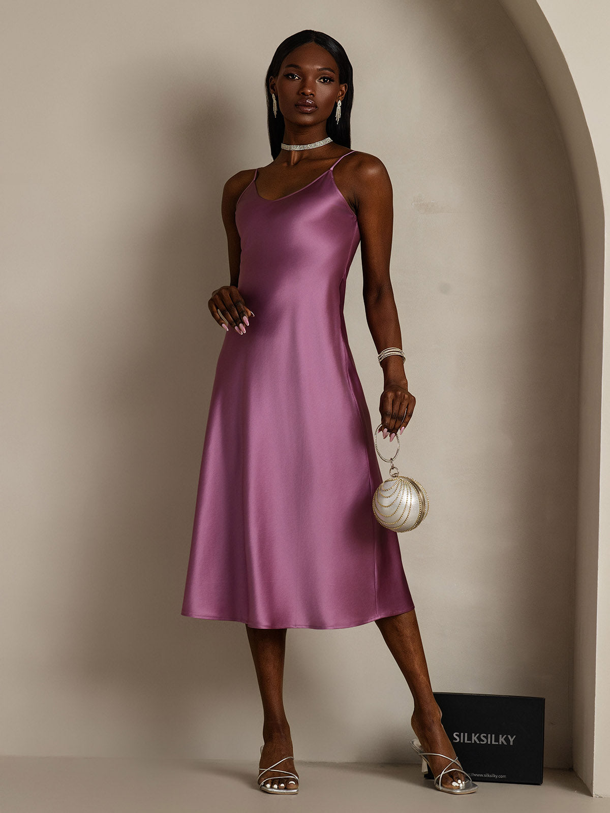 [Mørklilla] SilkSilky-NO Pure Silk Sleeveless Round Neck Kjole 005