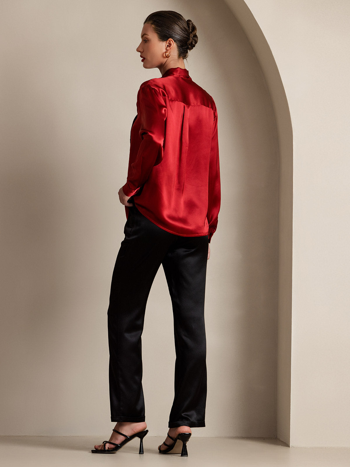 [Vin] SilkSilky-NO 19Momme Silke Long Sleeve Tie Neck Skjorte for Kvinner 004