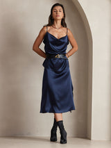 [Mørke blå] SilkSilky-NO Spaghetti Strap Cowl Neck Camisole Topp 006