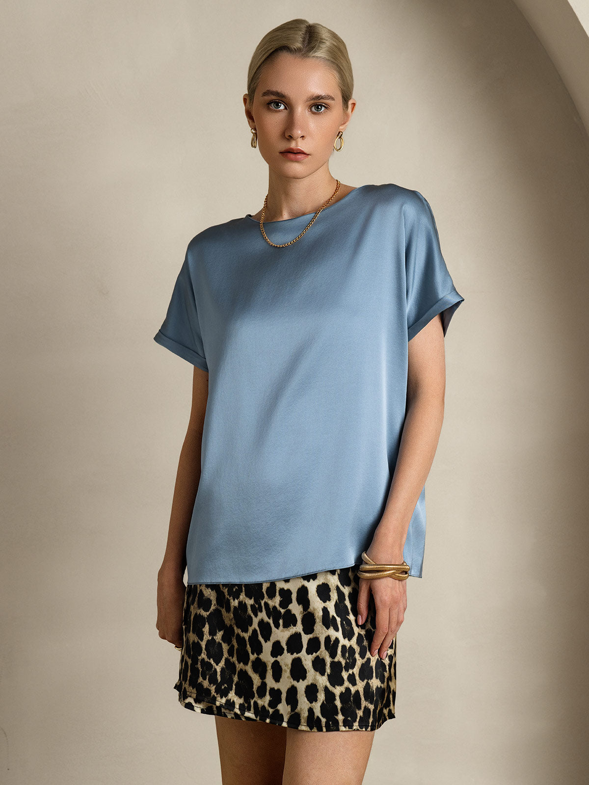 [Gråblå] SilkSilky-NO 19Momme Silke Womens T-Shirt 003