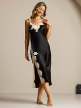 [Svart] SilkSilky-NO Spaghetti Strap V Neck Nattkjole 006