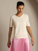 [Beige] SilkSilky-NO Kort erm V Hals T-skjorte for Kvinner 005