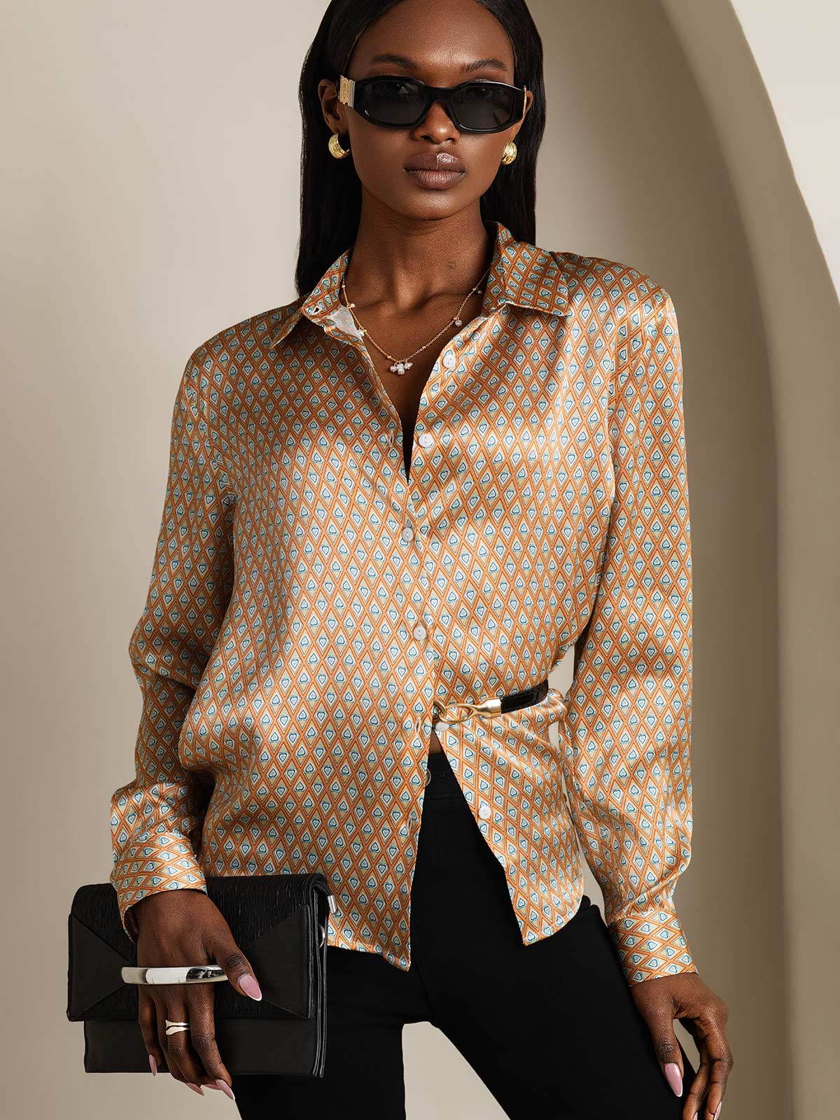 [Floral] SilkSilky-NO Silke Lapel Collar Skjorte for Kvinner 003