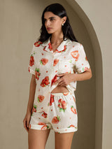 [Hvit Jordbær] SilkSilky-NO Short Sleeve Notch Collar Pyjamas for Kvinner 003