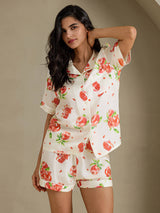 [Hvitt Granateple] SilkSilky-NO Short Sleeve Notch Collar Pyjamas for Kvinner 004