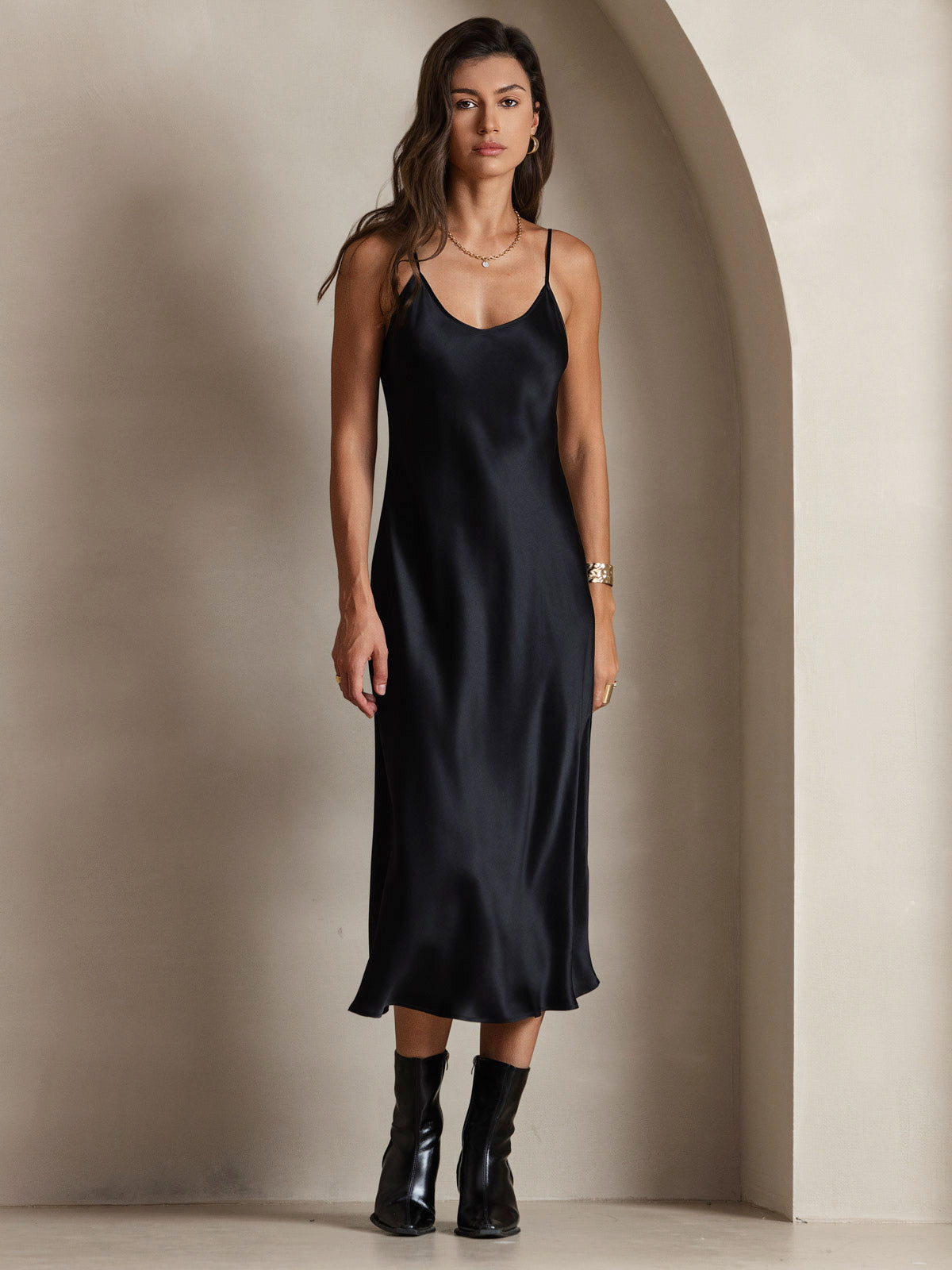 [Svart] SilkSilky-NO Pure Silk Sleeveless Round Neck Kjole 001