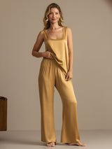 [Tan] SilkSilky-NO 19Momme Ermeløs Dyp Rund Halsutringning Pyjamas for Kvinner 003