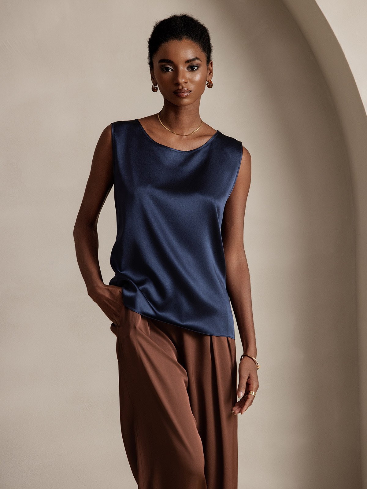 [Mørke blå] SilkSilky-NO 19Momme Ermeløs Rund Hals Camisole Topp 001