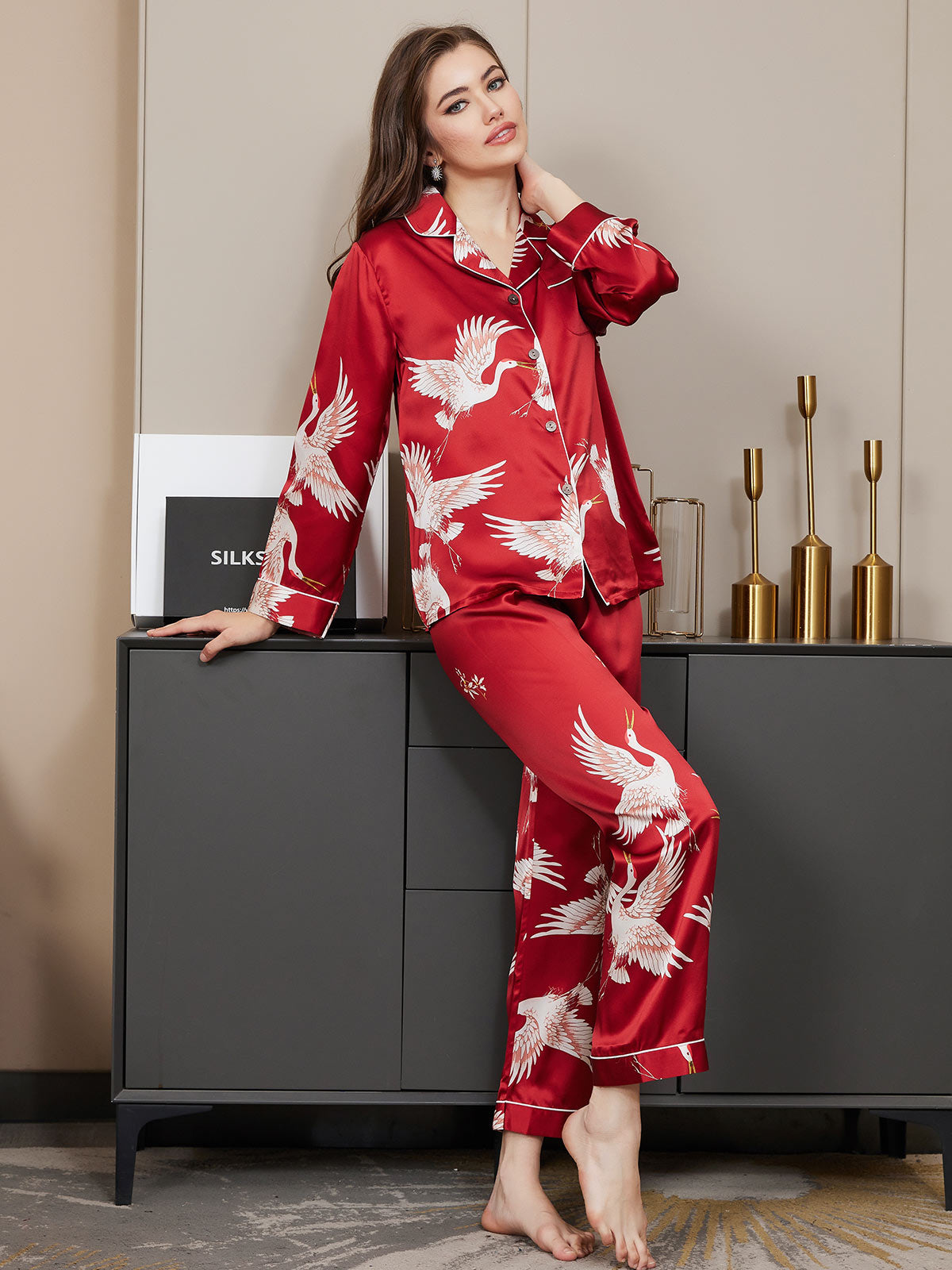 SilkSilky  19Momme Pure Silk Long Sleeve Lapel Women's Pajamas DarkRed 002