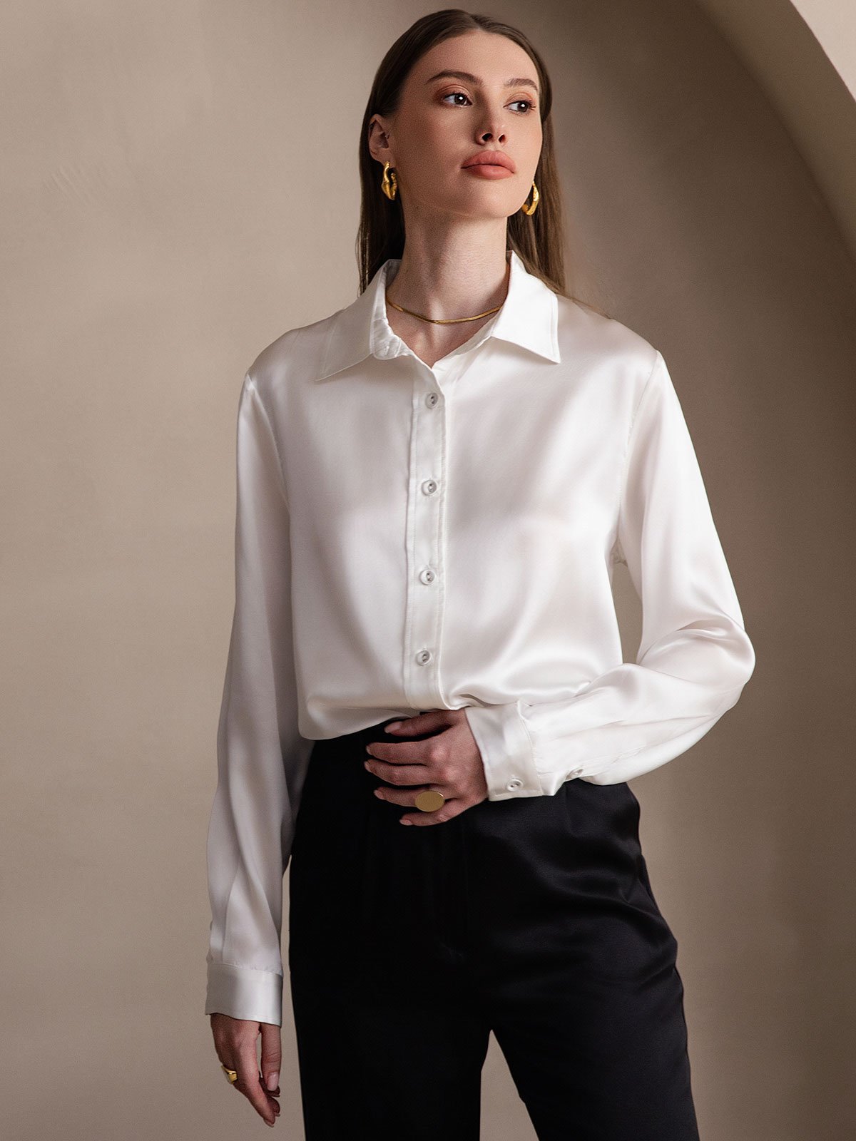 SilkSilky-NO 19Momme Silke Womens Shirt Hvit 005