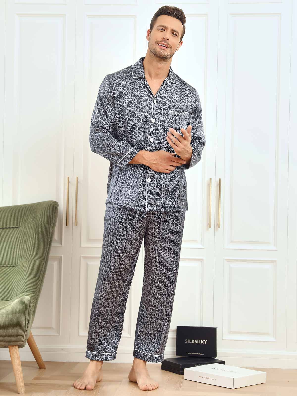 [Marine Ginkgo] SilkSilky-NO 19Momme Mens Pajamas 006