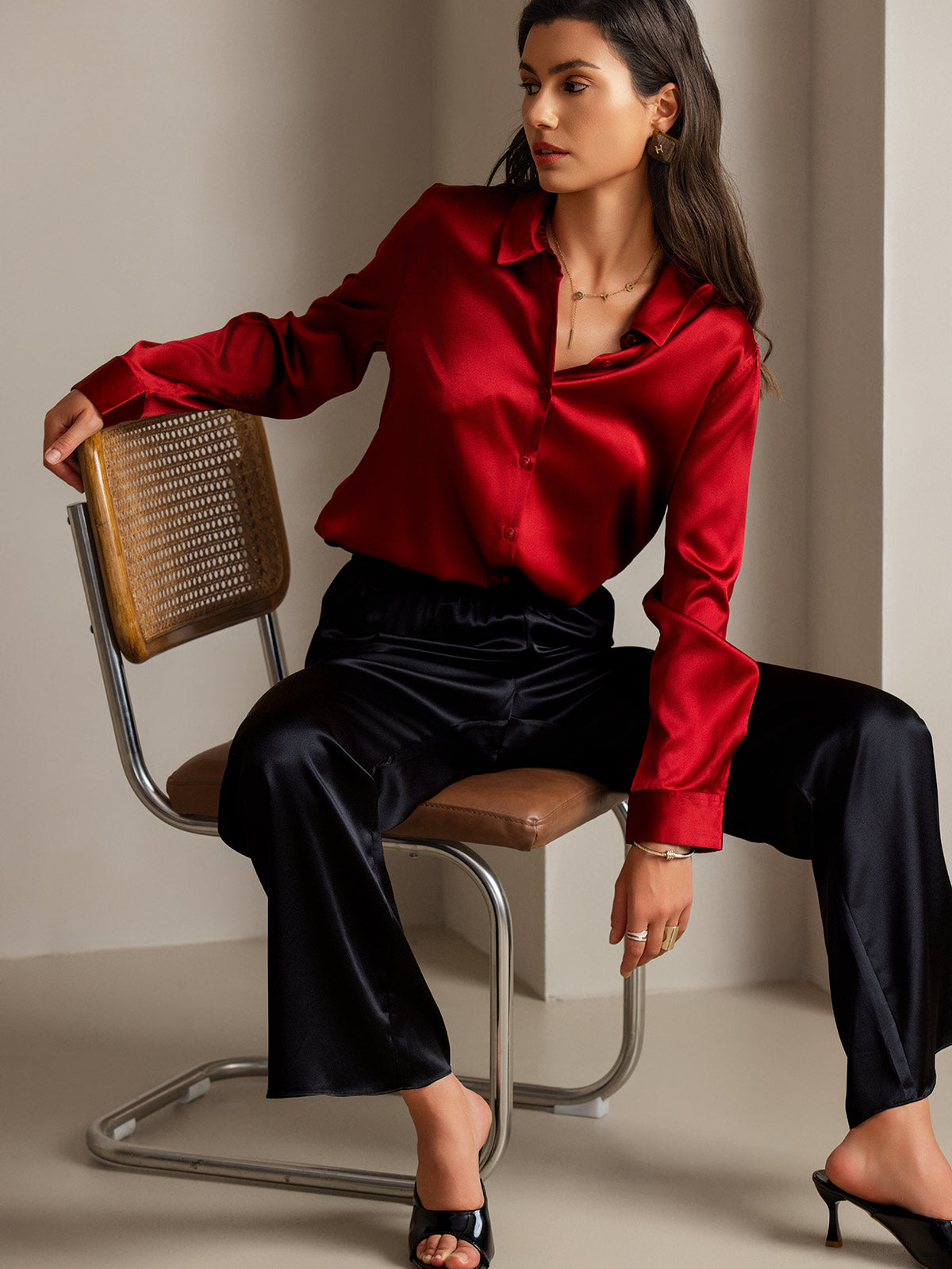 [Rød] SilkSilky-NO Silke Lapel Collar Skjorte for Kvinner 001
