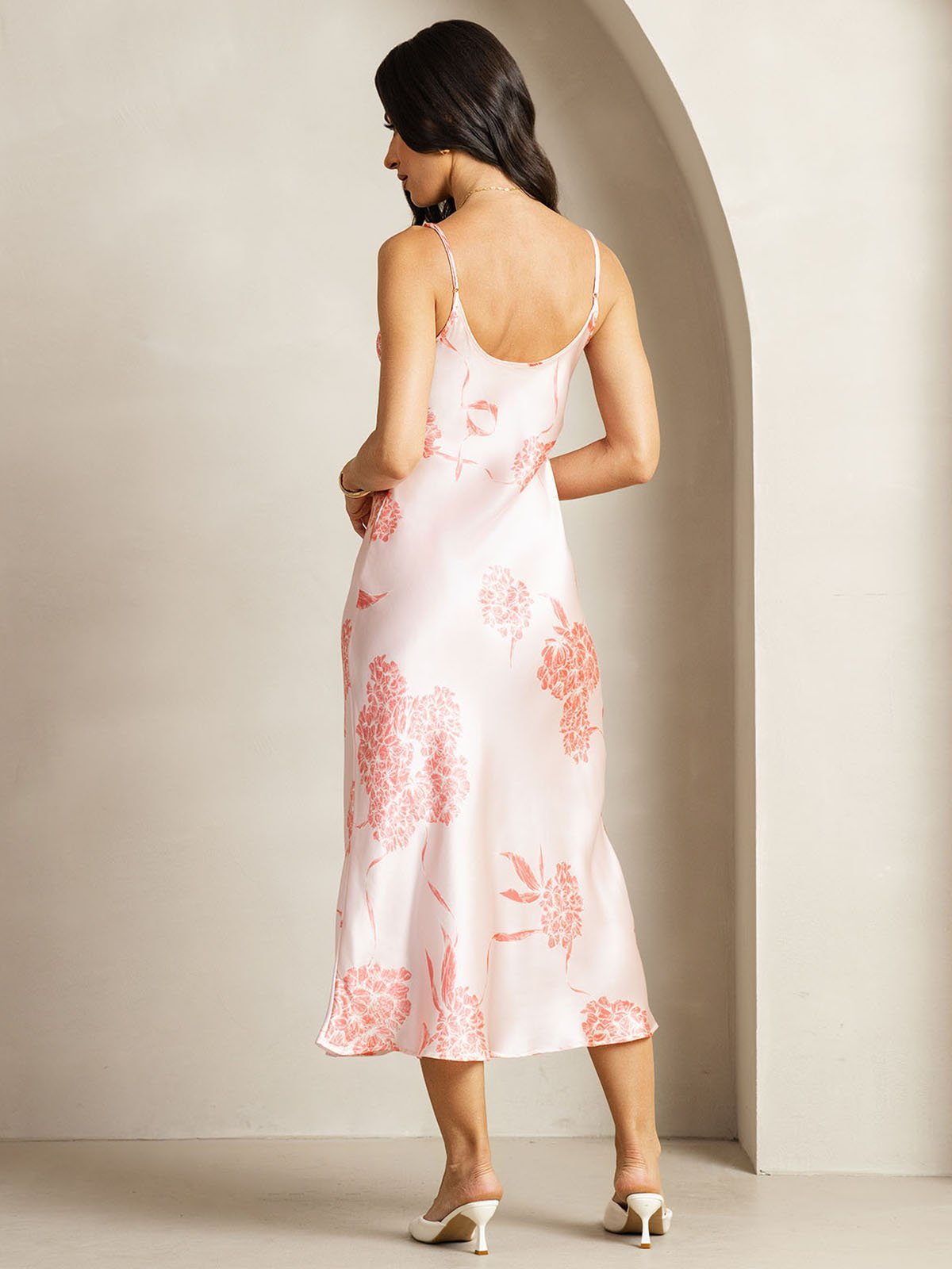[Korallblomster] SilkSilky-NO 19Momme Silke V-Hals Kjole 002