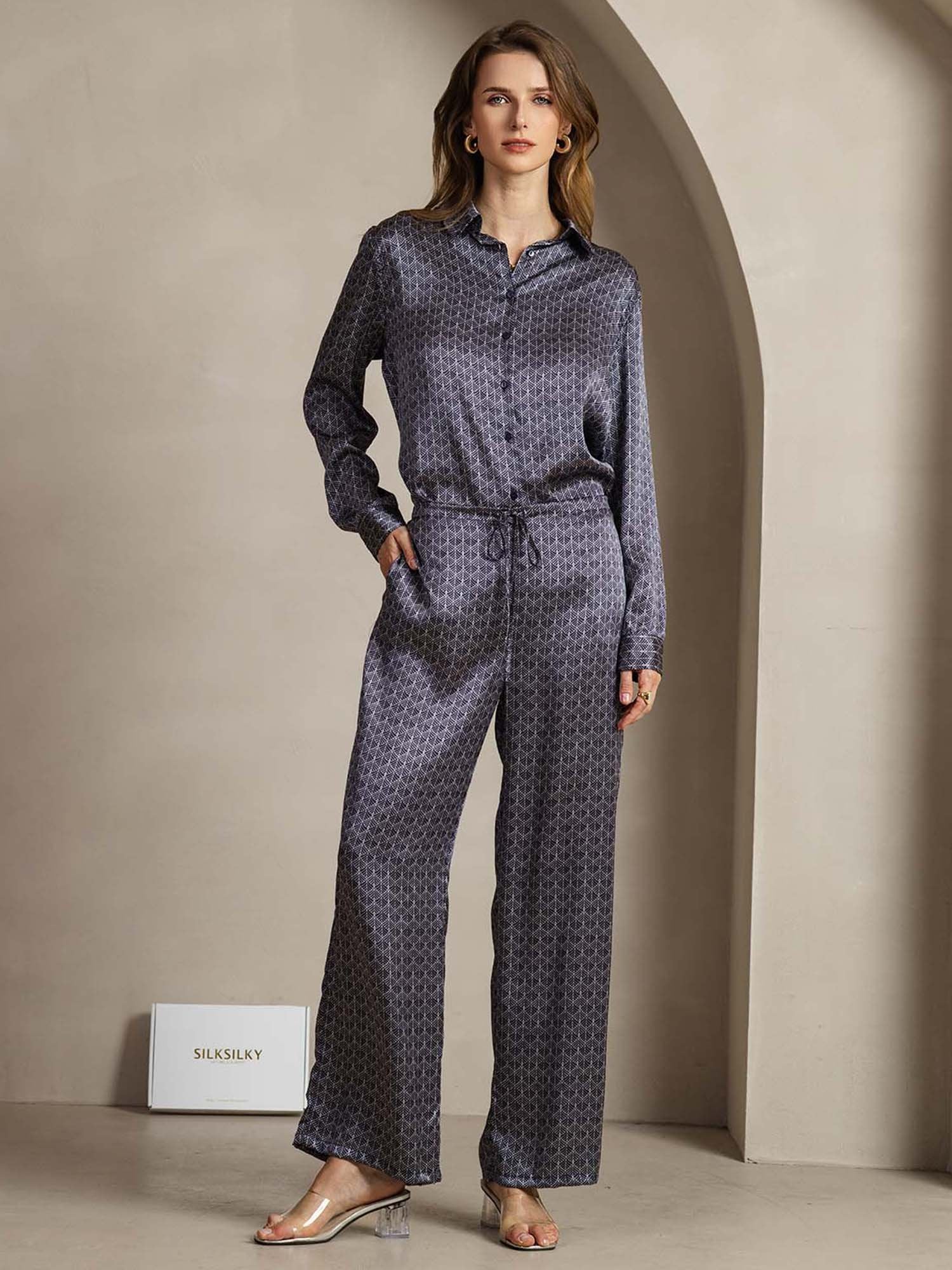 [MarineGinkgo] SilkSilky-NO 19Momme Silke Lapel Collar Women''s Outfit Sets 001