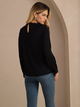 [Svart] SilkSilky-NO Long Sleeve Keyhole Neck Damebluser 002