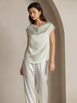 [Lysegrønn] SilkSilky-NO Cap Sleeve Cowl Neck T-skjorte for Kvinner 005