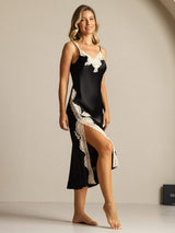 [Svart] SilkSilky-NO Spaghetti Strap V Neck Nattkjole 007