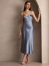 [Gråblå] SilkSilky-NO Spaghetti Strap V Neck Kjole 001