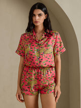[Korallfarget Serval] SilkSilky-NO Short Sleeve Notch Collar Pyjamas for Kvinner 005