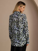 [Teal Leopard] SilkSilky-NO Long Sleeve Lapel Collar Bluse 002