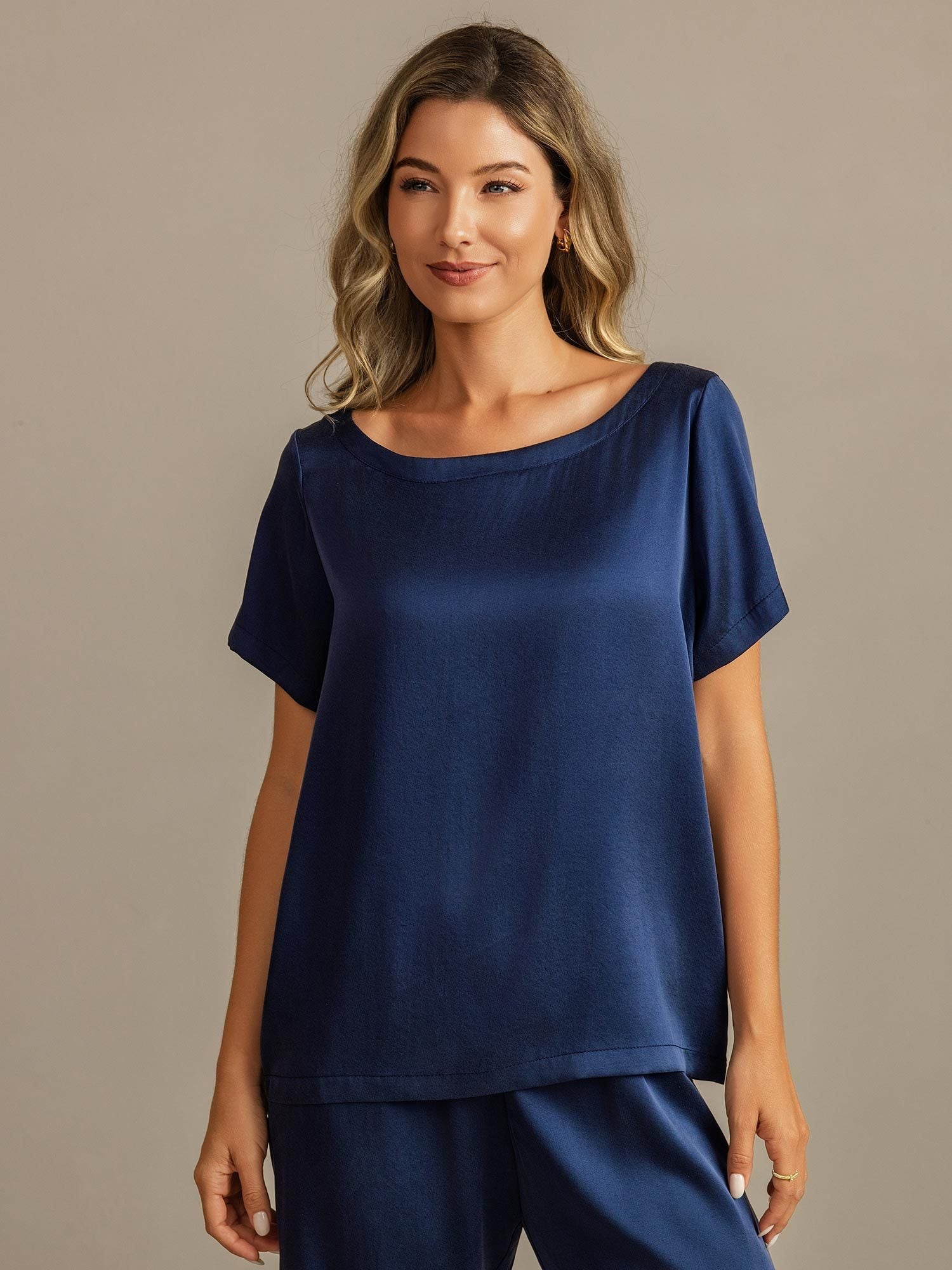 [Mørke blå] SilkSilky-NO 19Momme Silke Womens Pajamas 007