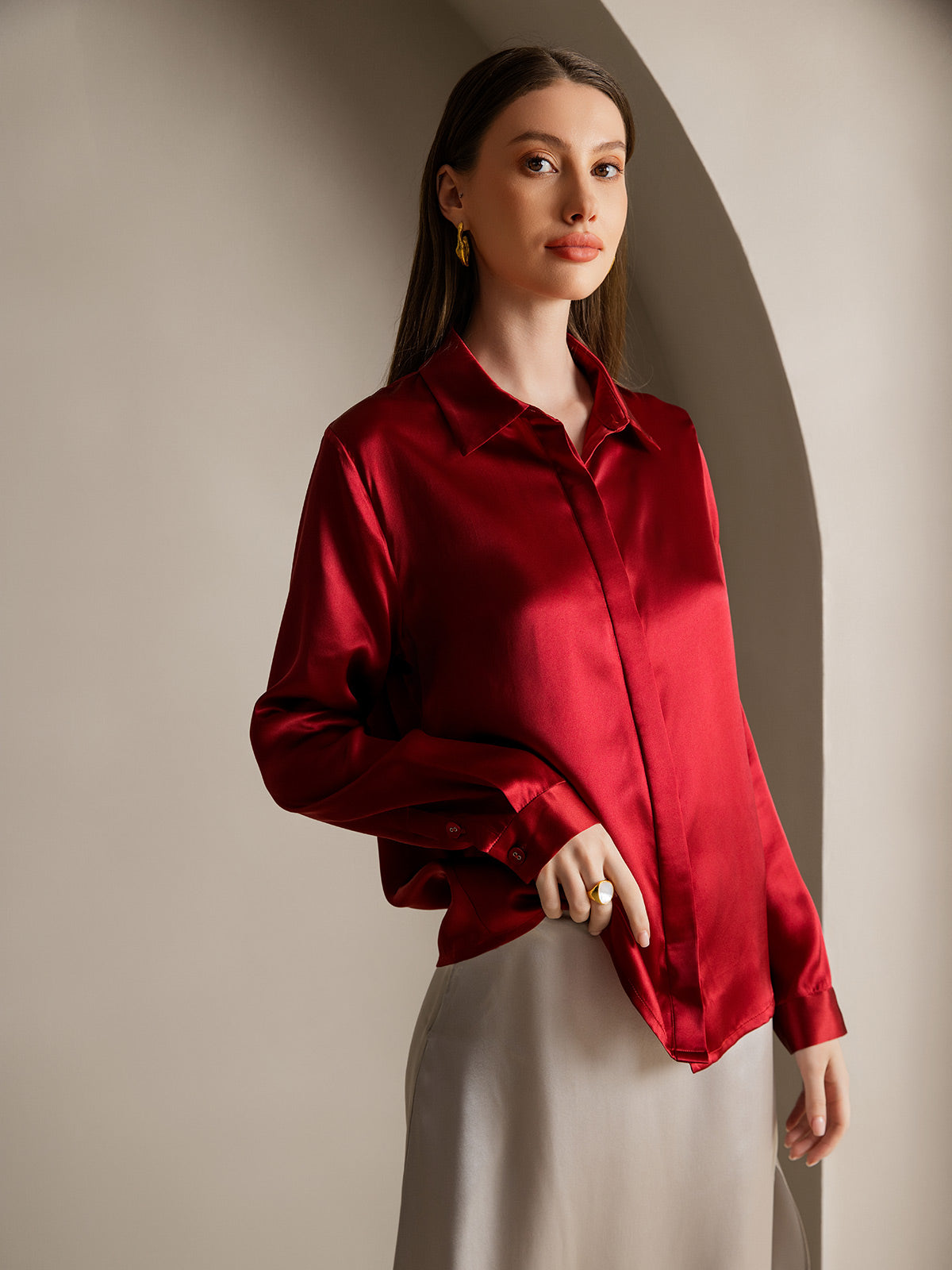[Vin] SilkSilky-NO 19Momme Silke Lapel Collar Skjorte for Kvinner 003