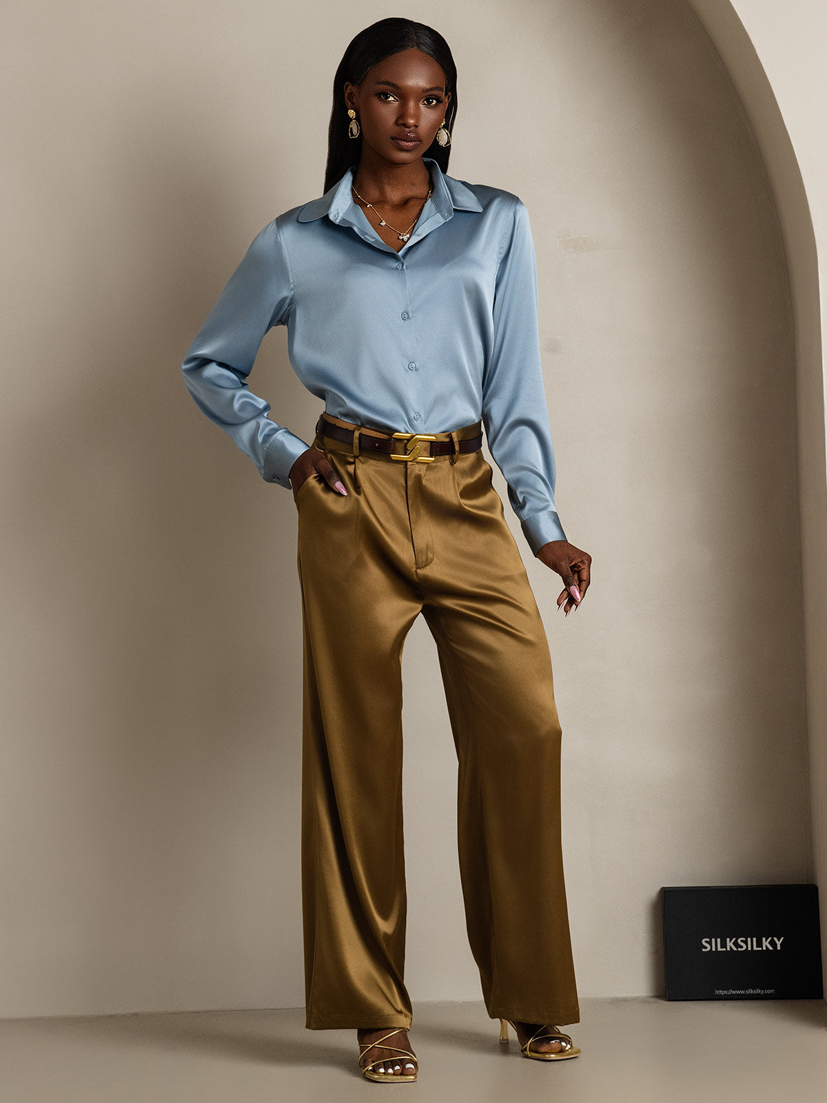 [Gråblå] SilkSilky-NO Silke Lapel Collar Skjorte for Kvinner 007