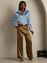 [Gråblå] SilkSilky-NO Long Sleeve Lapel Collar Skjorte for Kvinner 007