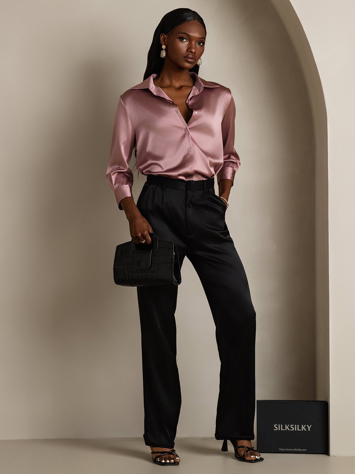 SilkSilky-NO 19Momme Silke Lapel Skjorte for Kvinner BlekMauve 007