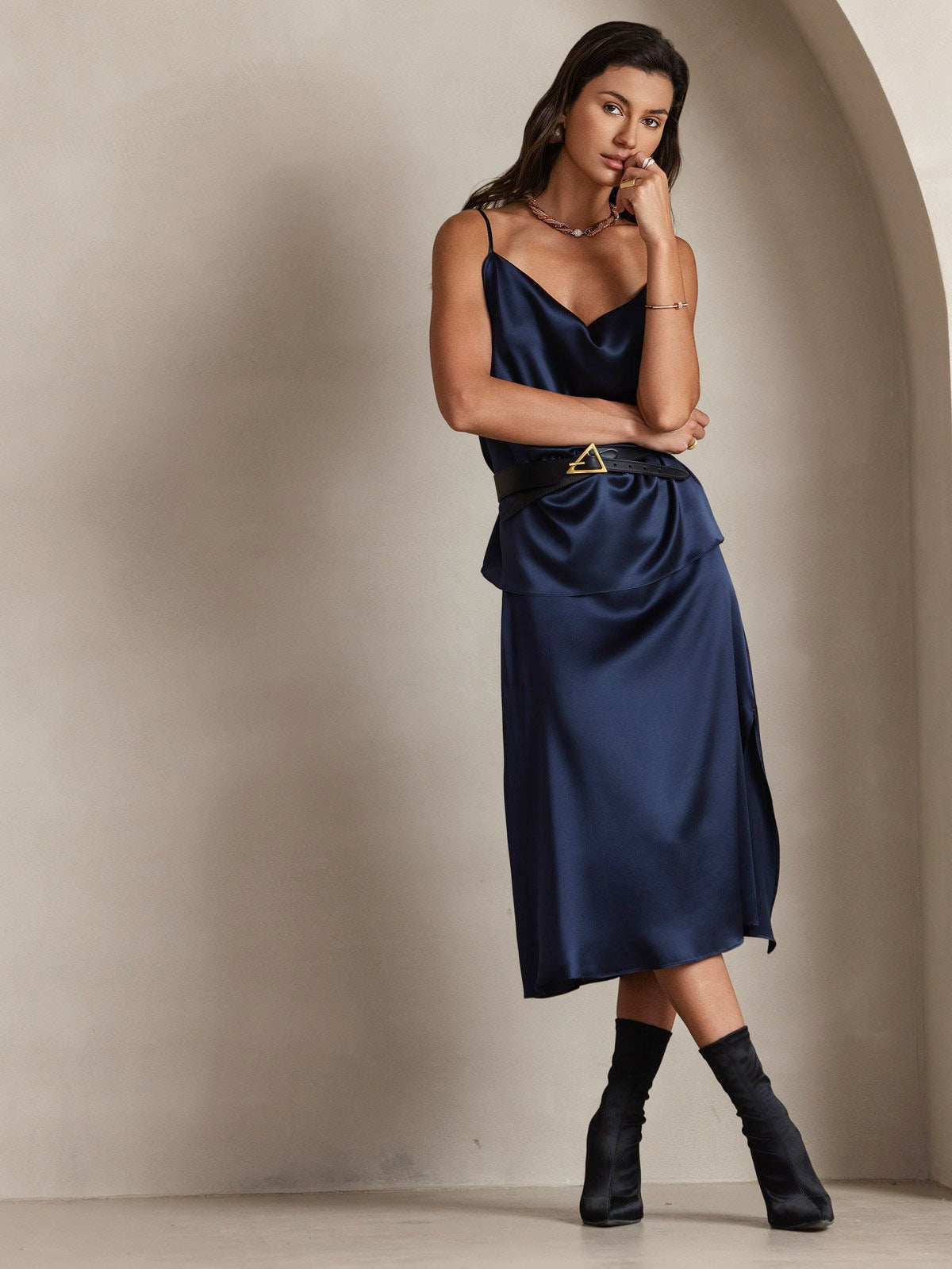 [Mørke blå] SilkSilky-NO 19Momme Silke Cowl Neck Camisole Topp 005