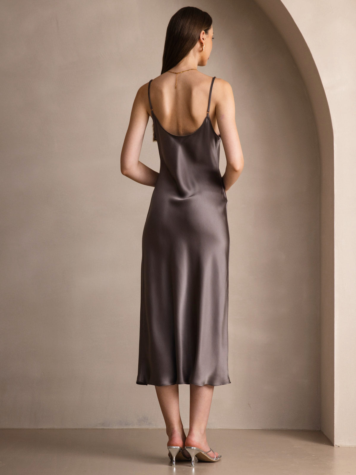 [Mørk Kaki] SilkSilky-NO Pure Silk Sleeveless Round Neck Kjole 002